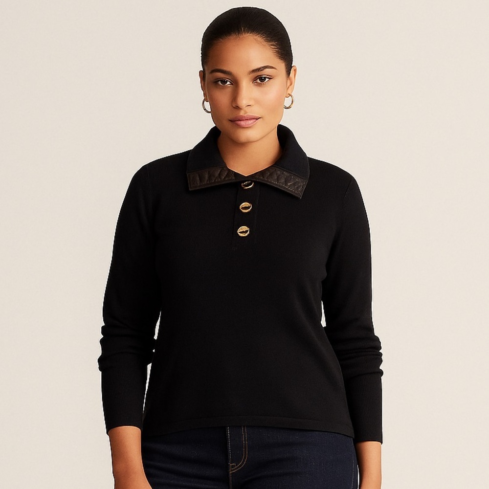Lauren Ralph Lauren Cotton Rib Knit Collared Pullover Sweater Gold Button Size M